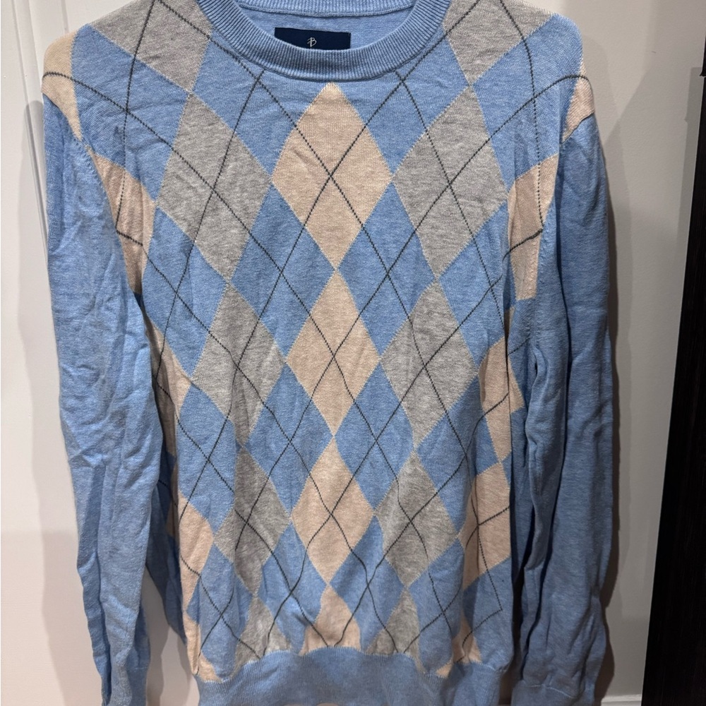 Buttons Blue and Gray Crewneck Sweater